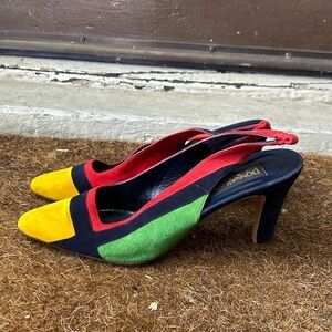 Donna Karen New York Vintage Colorblock Suede Slingback Heels 80's Retro Rare 10